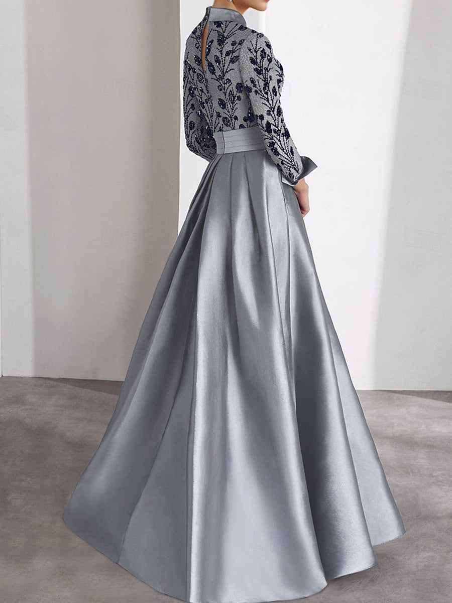 A-line High Neck Long Sleeves Flower Floor-Length Satin Corset Mother of the Bride Dress