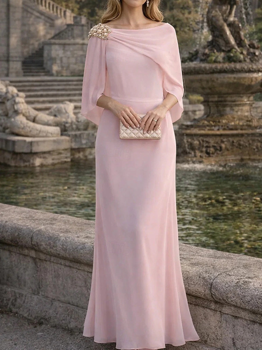 Sheath Bateau Rhinestone Floor-Length Chiffon Corset Mother of the Bride Dress