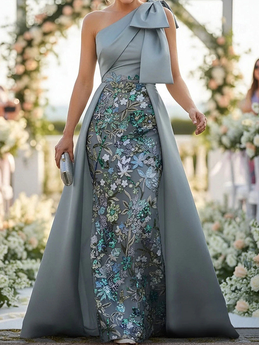 A-line One-Shoulder Bow Floor-Length Satin Corset Mother of the Bride Dress