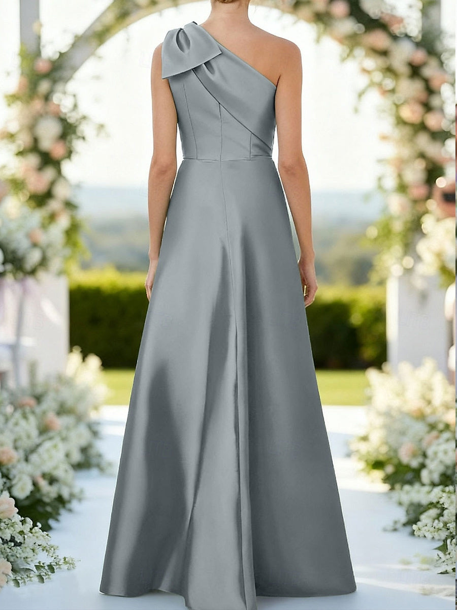 A-line One-Shoulder Bow Floor-Length Satin Corset Mother of the Bride Dress