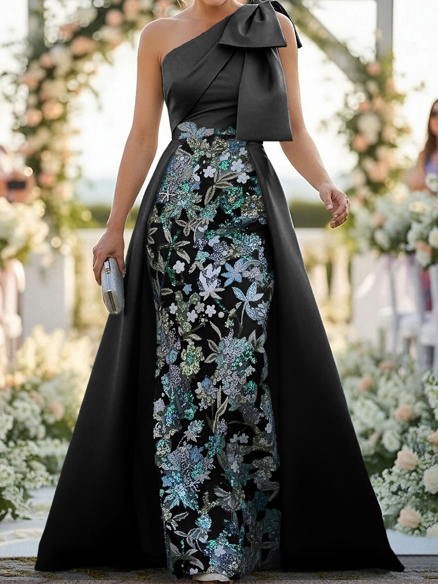 A-line One-Shoulder Bow Floor-Length Satin Corset Mother of the Bride Dress