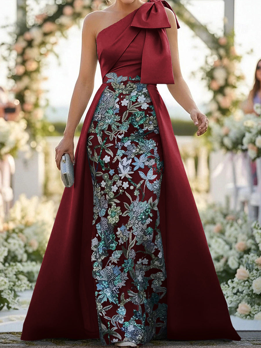 A-line One-Shoulder Bow Floor-Length Satin Corset Mother of the Bride Dress