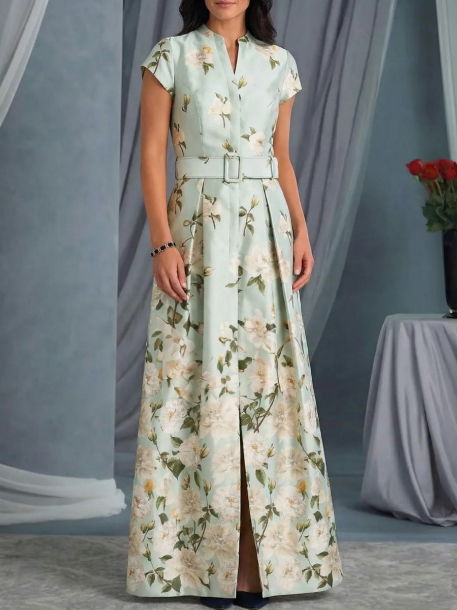 A-line High Neck Short Sleeves Sash/Ribbon/Belt Floor-Length Corset Mother of the Bride Dress