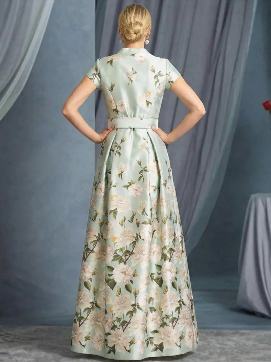 A-line High Neck Short Sleeves Sash/Ribbon/Belt Floor-Length Corset Mother of the Bride Dress