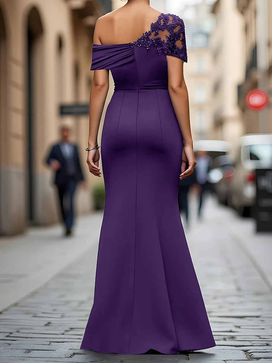 Sheath One-Shoulder Pleated Floor-Length Jersey Corset Mother of the Bride Dress