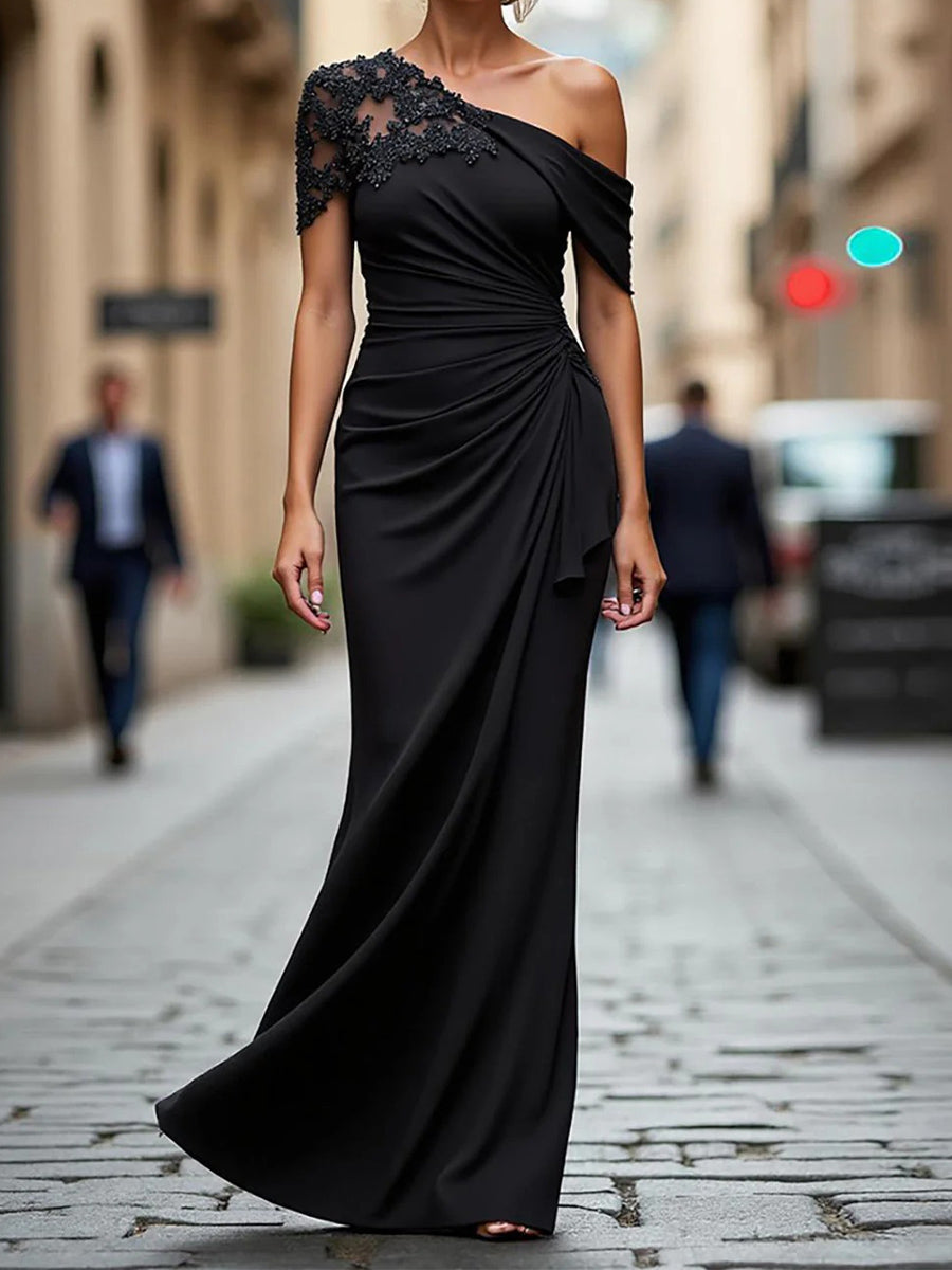 Sheath One-Shoulder Pleated Floor-Length Jersey Corset Mother of the Bride Dress