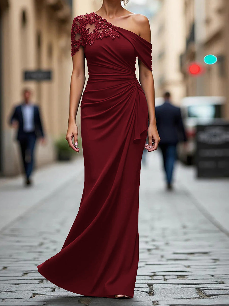 Sheath One-Shoulder Pleated Floor-Length Jersey Corset Mother of the Bride Dress
