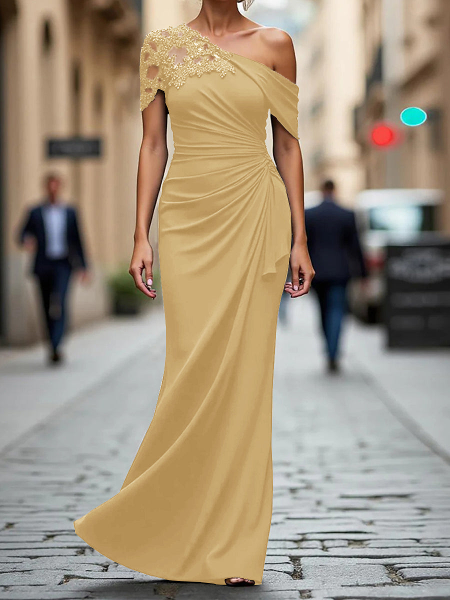 Sheath One-Shoulder Pleated Floor-Length Jersey Corset Mother of the Bride Dress