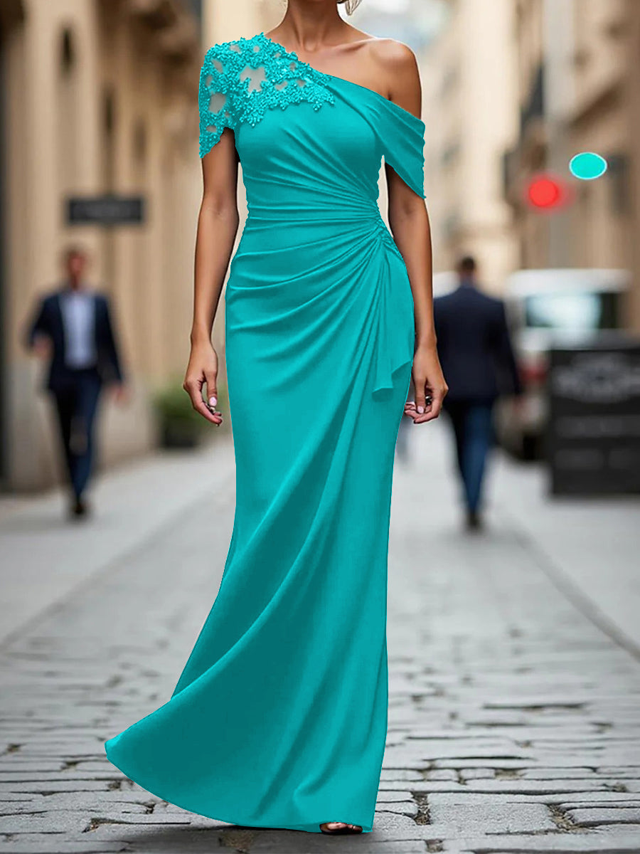 Sheath One-Shoulder Pleated Floor-Length Jersey Corset Mother of the Bride Dress