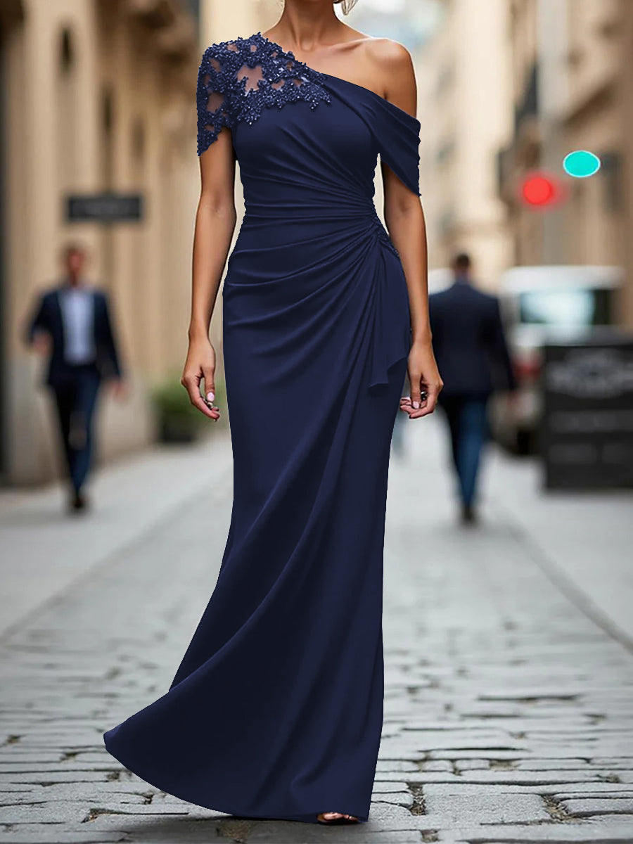 Sheath One-Shoulder Pleated Floor-Length Jersey Corset Mother of the Bride Dress
