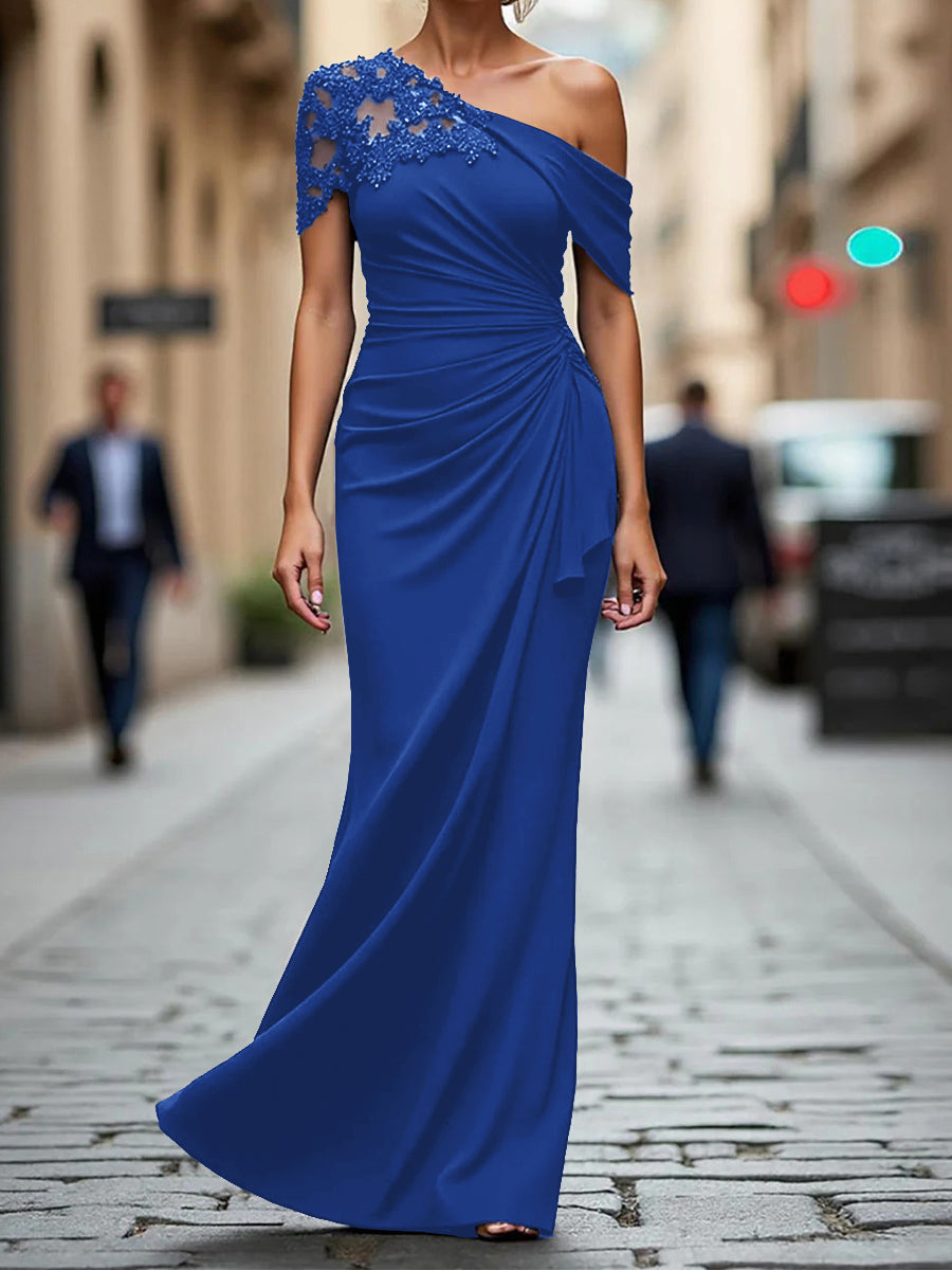 Sheath One-Shoulder Pleated Floor-Length Jersey Corset Mother of the Bride Dress