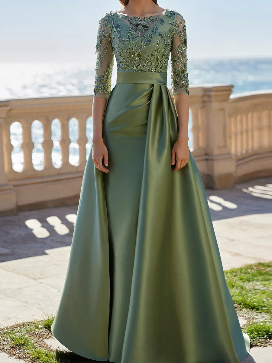 A-line Scoop 1/2 Sleeves Appliques Lace Floor-Length Satin Corset Mother of the Bride Dress