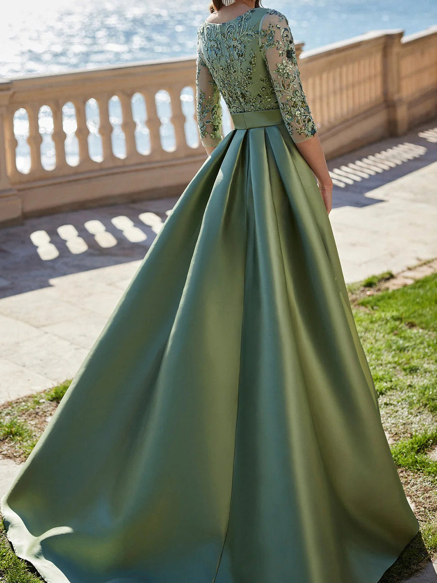 A-line Scoop 1/2 Sleeves Appliques Lace Floor-Length Satin Corset Mother of the Bride Dress
