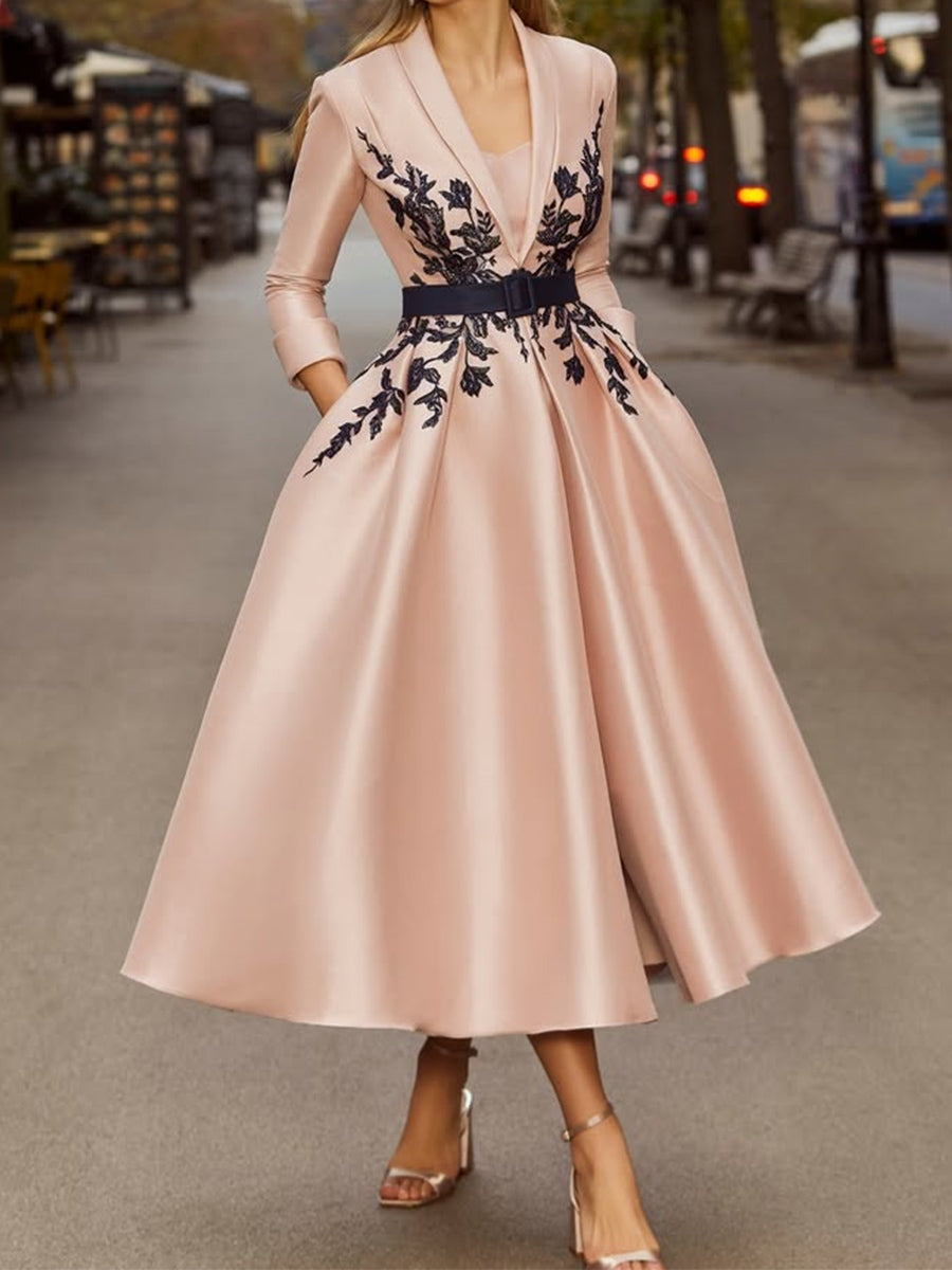 A-line V-neck 3/4 Sleeves Sash/Ribbon/Belt Tea-Length Satin Corset Mother of the Bride Dress