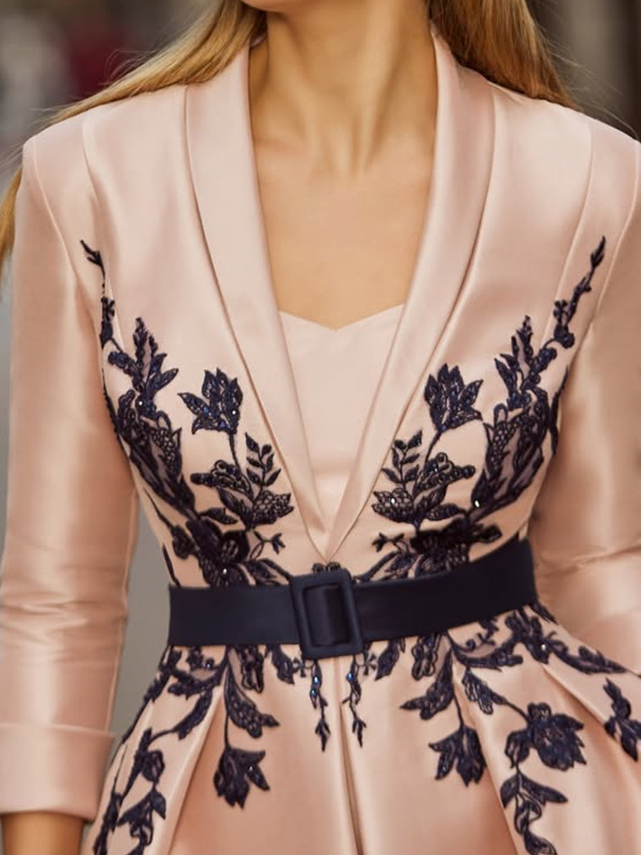 A-line V-neck 3/4 Sleeves Sash/Ribbon/Belt Tea-Length Satin Corset Mother of the Bride Dress