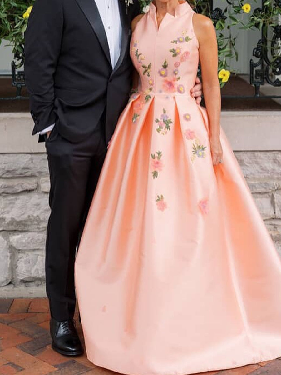 A-line High Neck Flower Floor-Length Satin Corset Mother of the Bride Dress