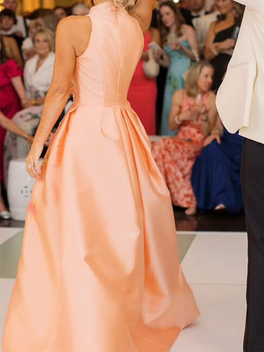 A-line High Neck Flower Floor-Length Satin Corset Mother of the Bride Dress