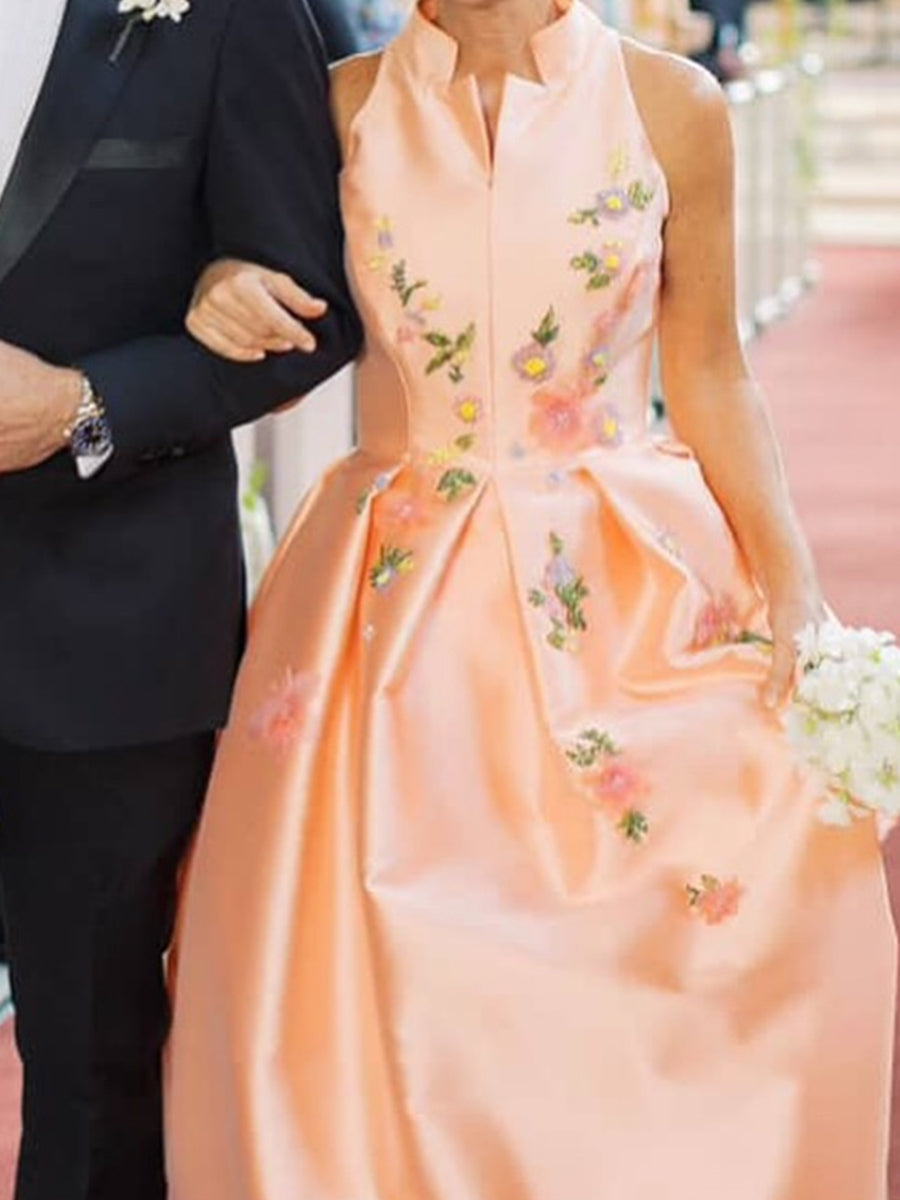 A-line High Neck Flower Floor-Length Satin Corset Mother of the Bride Dress