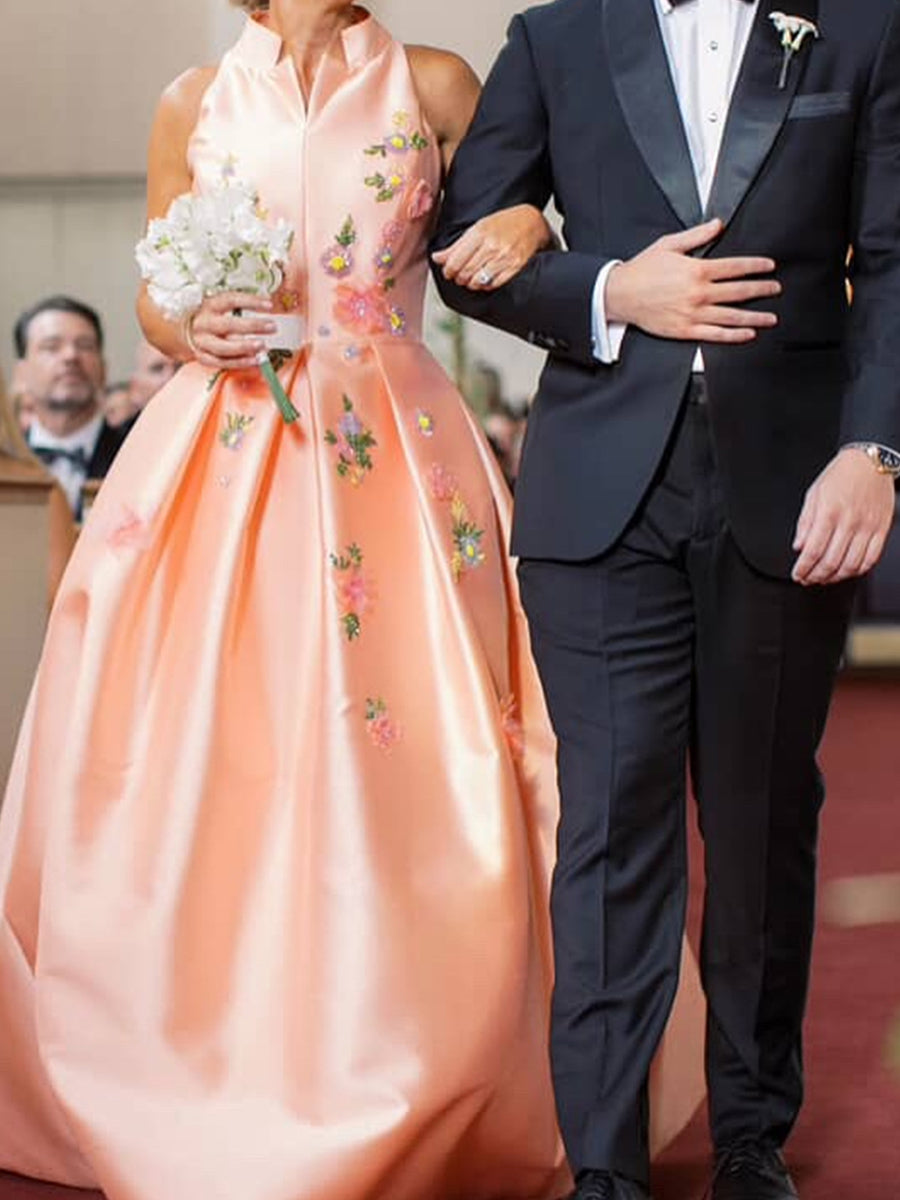 A-line High Neck Flower Floor-Length Satin Corset Mother of the Bride Dress