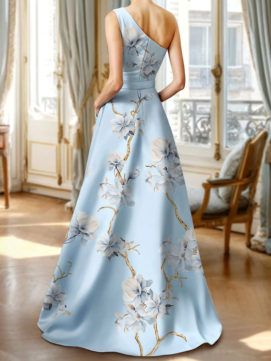 A-line One-Shoulder Pleated Floor-Length Corset Mother of the Bride Dress