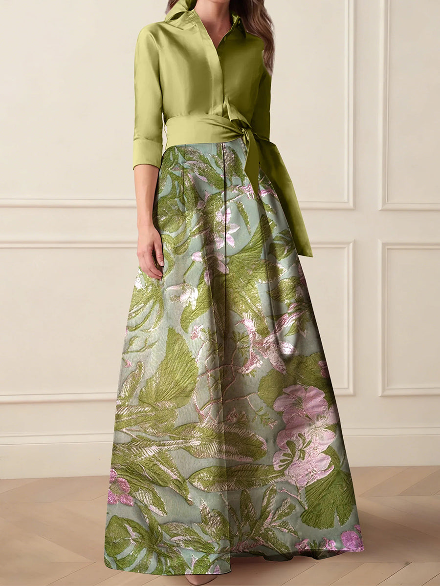 A-line High Neck 1/2 Sleeves Bow Floor-Length Corset Mother of the Bride Dress