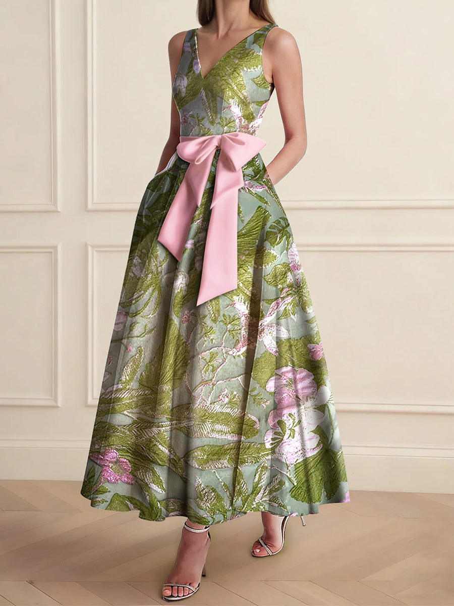 A-line V-neck Bow Ankle-Length Corset Mother of the Bride Dress
