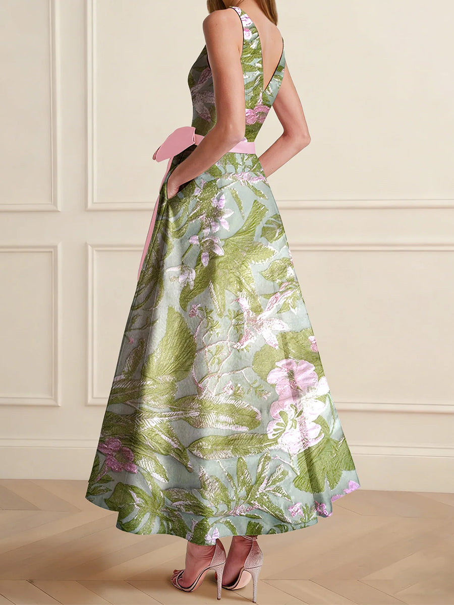 A-line V-neck Bow Ankle-Length Corset Mother of the Bride Dress