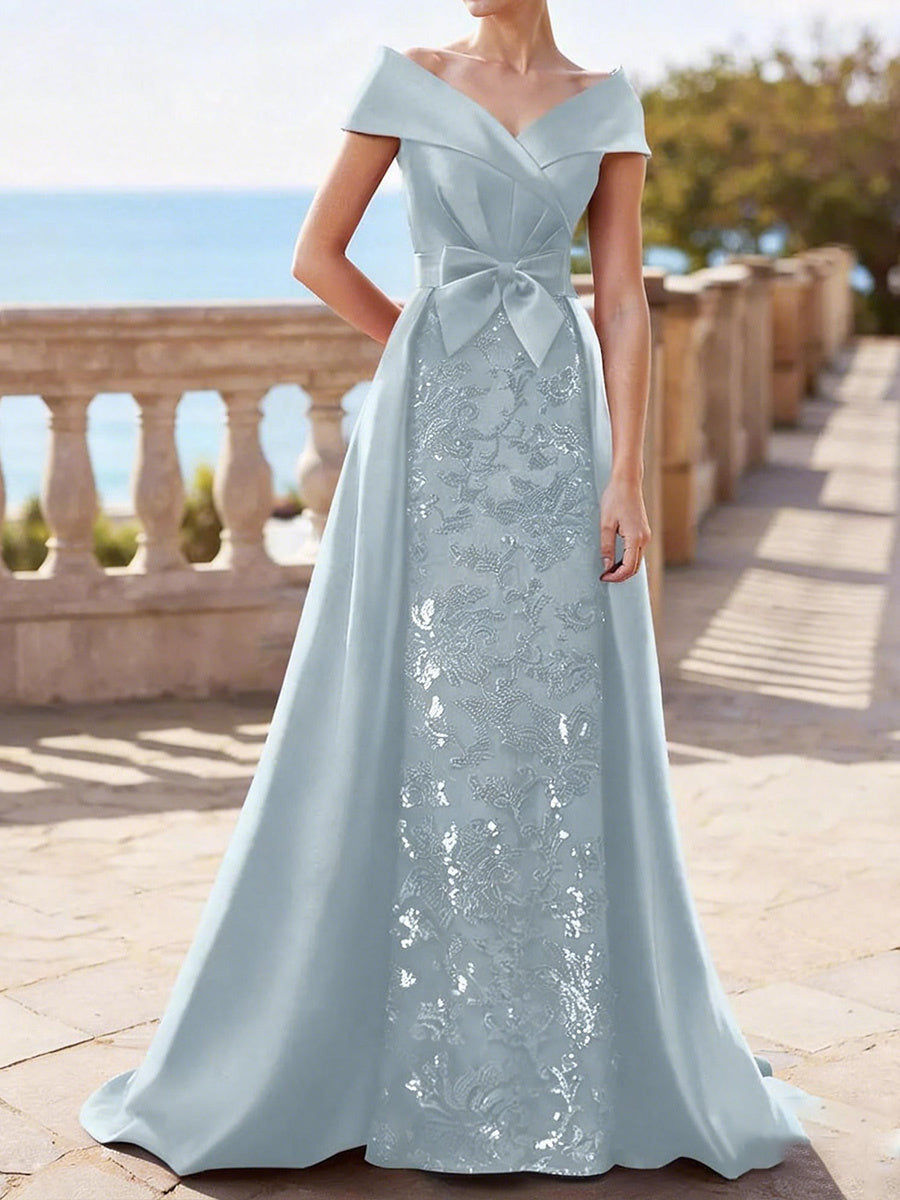 A-line Off-the-Shoulder Bow Floor-Length Satin Corset Mother of the Bride Dress