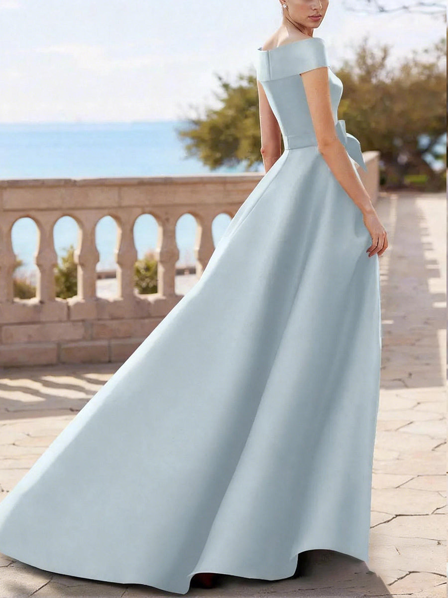 A-line Off-the-Shoulder Bow Floor-Length Satin Corset Mother of the Bride Dress