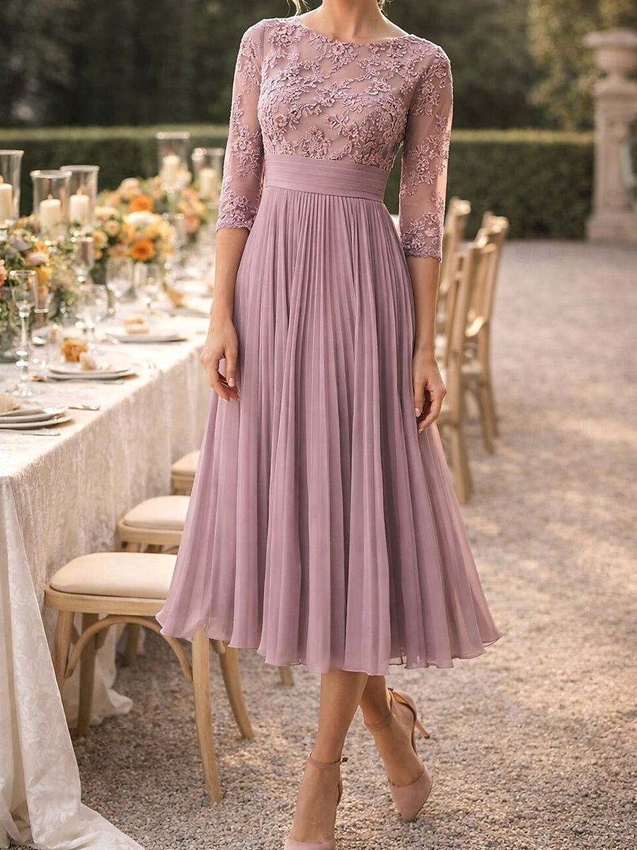A-line Bateau 1/2 Sleeves Appliques Lace Tea-Length Chiffon Corset Mother of the Bride Dress