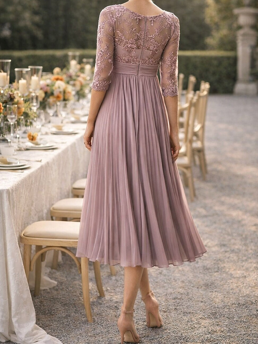 A-line Bateau 1/2 Sleeves Appliques Lace Tea-Length Chiffon Corset Mother of the Bride Dress