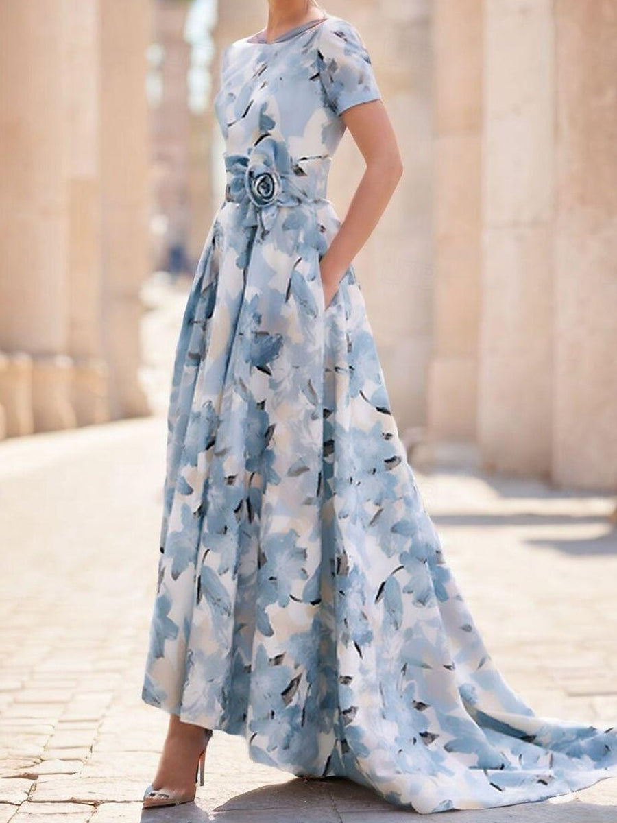 A-line Scoop Short Sleeves Asymmetrical Corset Mother of the Bride Dress