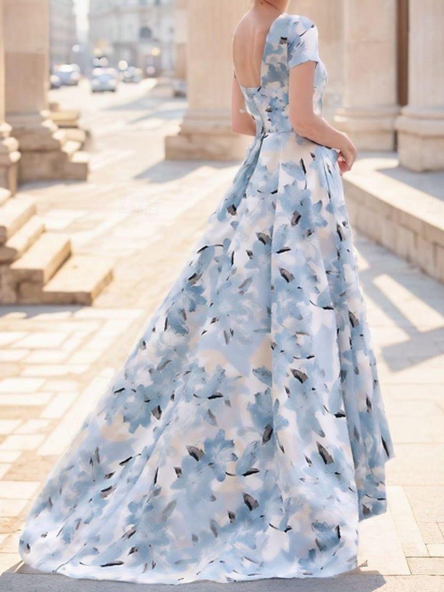 A-line Scoop Short Sleeves Asymmetrical Corset Mother of the Bride Dress