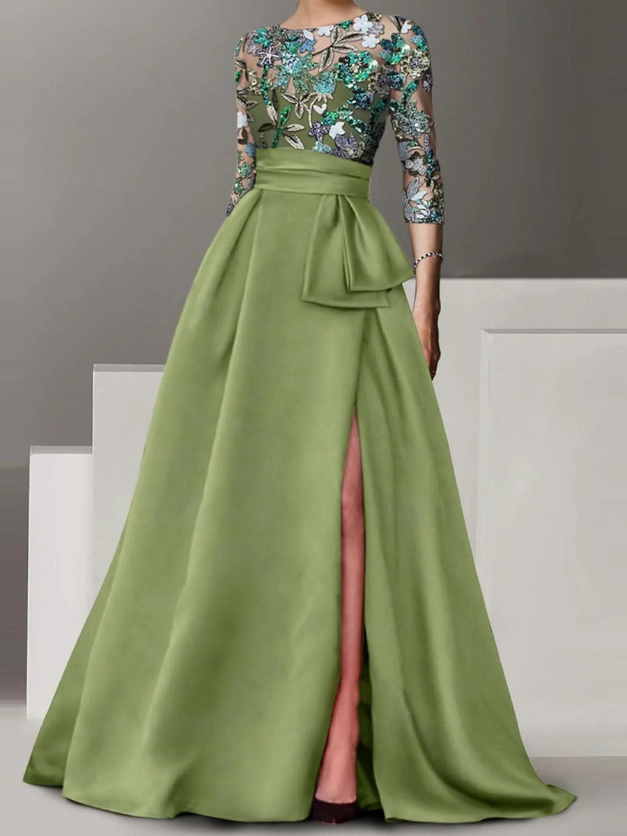 A-line Scoop 1/2 Sleeves Ruffles Floor-Length Satin Corset Mother of the Bride Dress