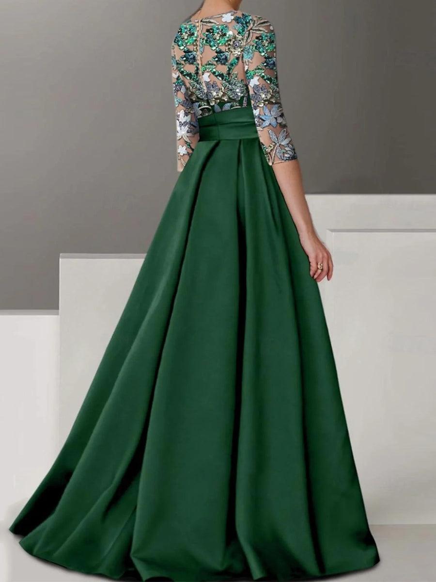 A-line Scoop 1/2 Sleeves Ruffles Floor-Length Satin Corset Mother of the Bride Dress