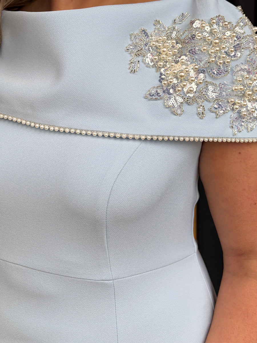 Sheath Off-the-Shoulder Short Sleeves Beading Tea-Length Stretch Crepe Mother of the Bride Dress