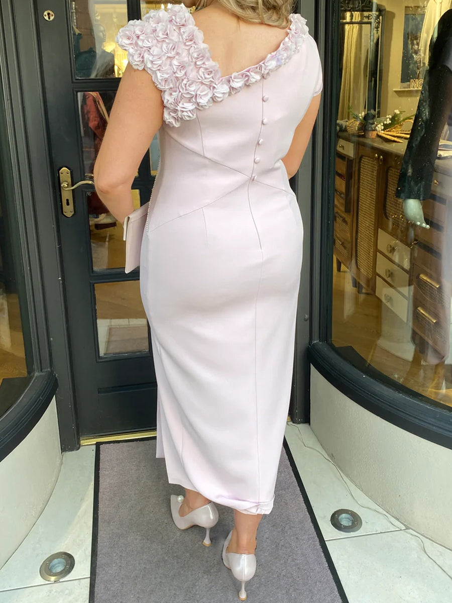 Sheath One-Shoulder Flower Ankle-Length Stretch Crepe Mother of the Bride Dress