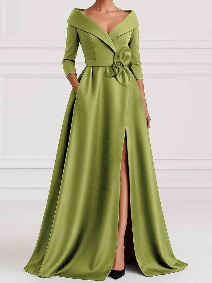 A-line V-neck 3/4 Sleeves Flower Floor-Length Satin Corset Mother of the Bride Dress