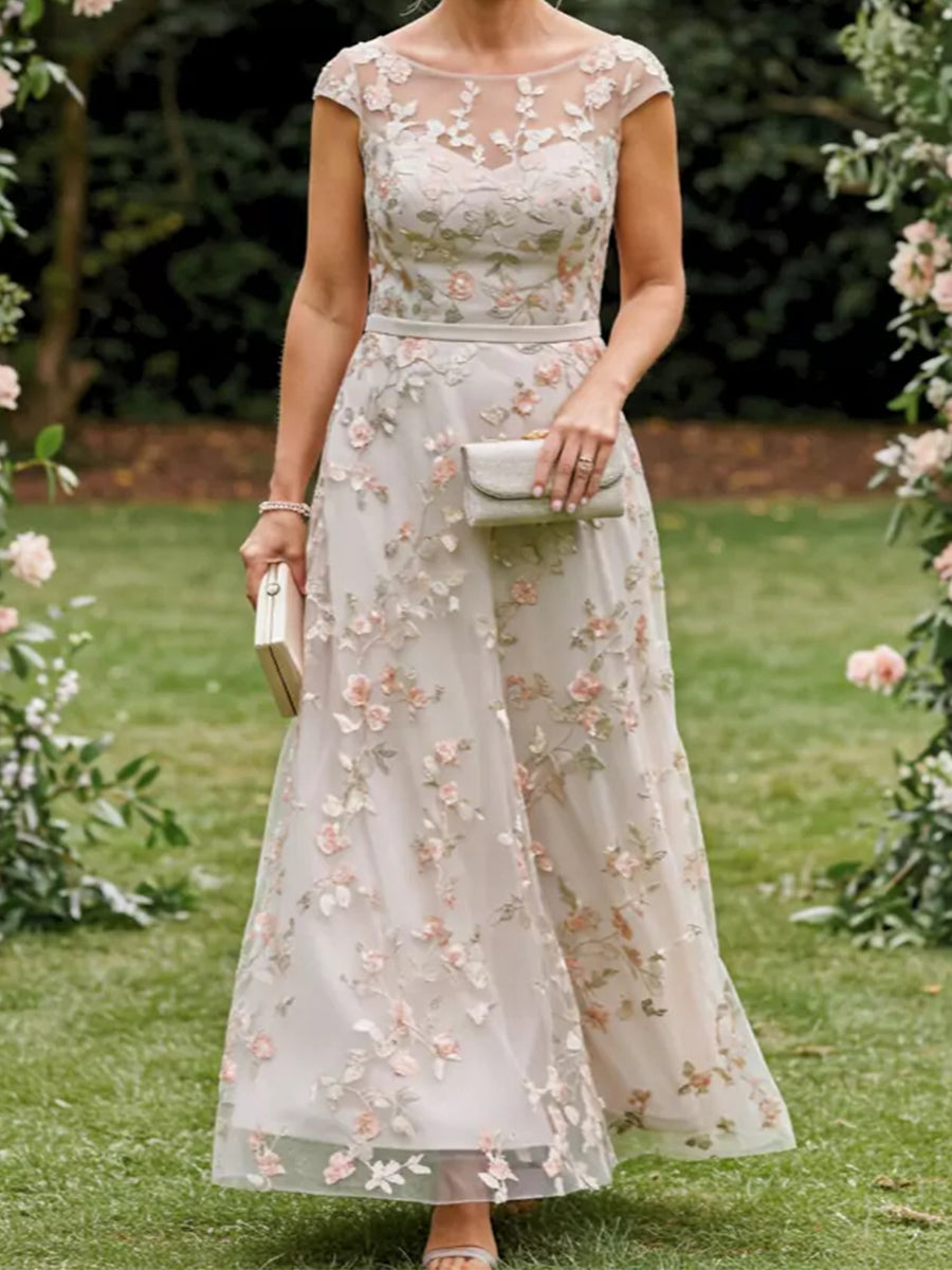 A-line Bateau Appliques Lace Floor-Length Lace Corset Mother of the Bride Dress