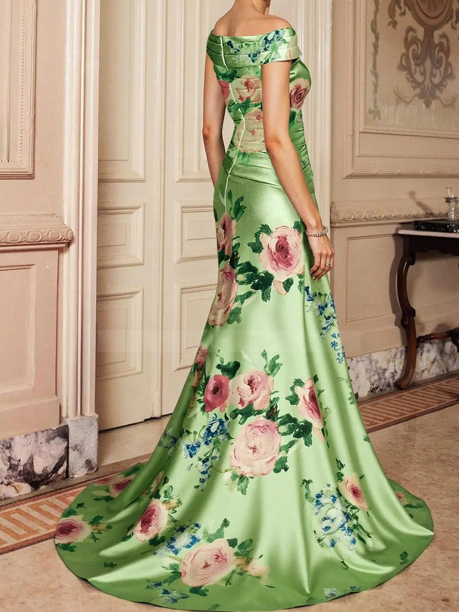 Sheath Off-the-Shoulder Pleated Floor-Length Corset Mother of the Bride Dress