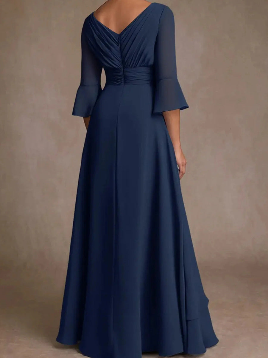 A-line V-neck 1/2 Sleeves Pleated Floor-Length Satin Chiffon Corset Mother of the Bride Dress