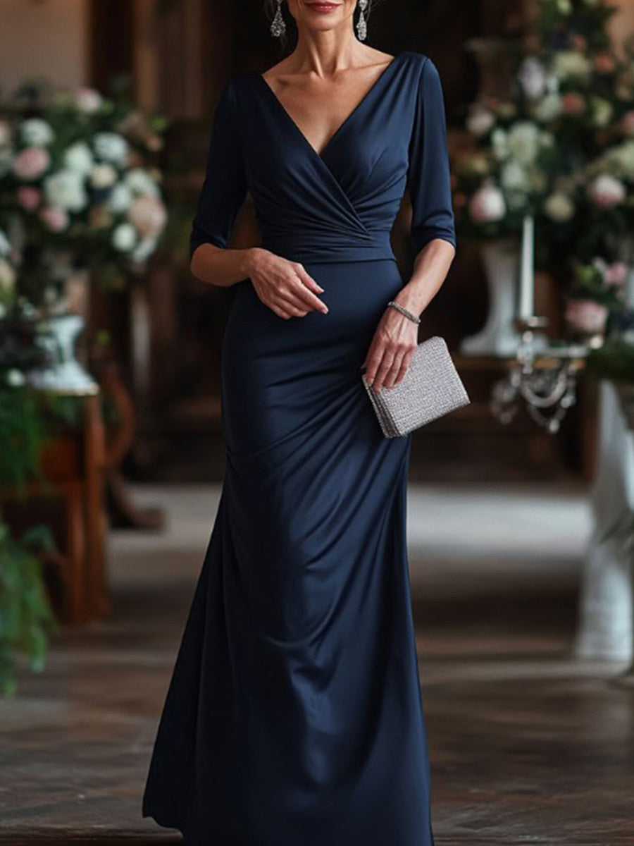 Sheath V-neck 1/2 Sleeves Pleated Floor-Length Silk Like Satin Mother of the Bride Dress