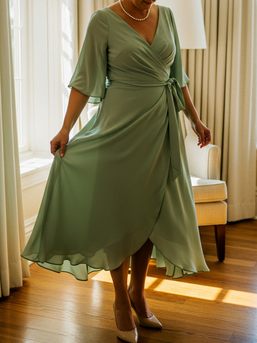 A-line V-neck 1/2 Sleeves Pleated Tea-Length Chiffon Mother of the Bri β EverLaceBridal