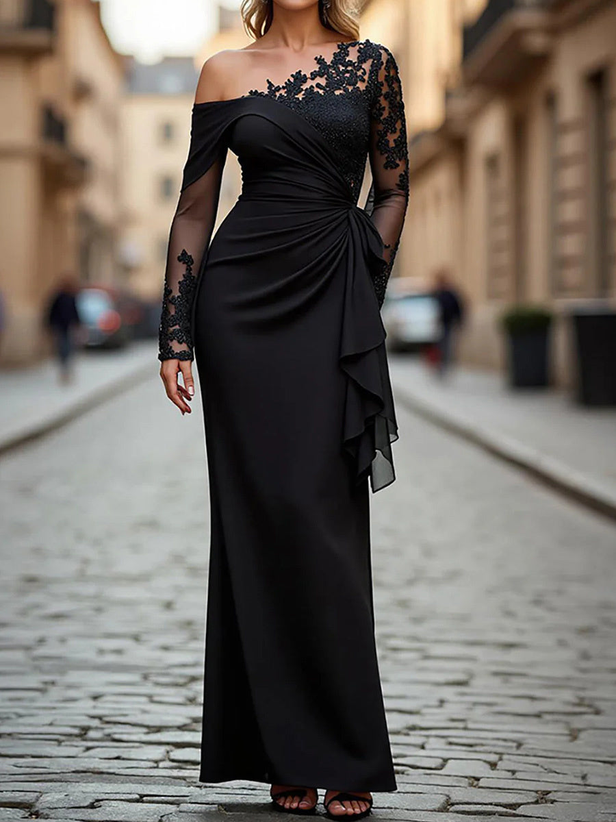 Sheath One-Shoulder Long Sleeves Appliques Lace Floor-Length Satin Chiffon Corset Mother of the Bride Dress