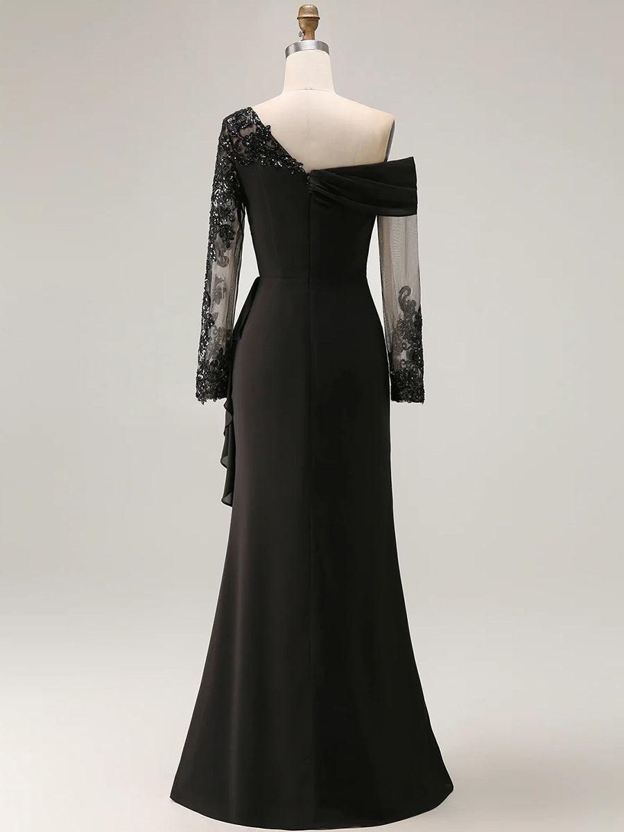 Sheath One-Shoulder Long Sleeves Appliques Lace Floor-Length Satin Chiffon Corset Mother of the Bride Dress
