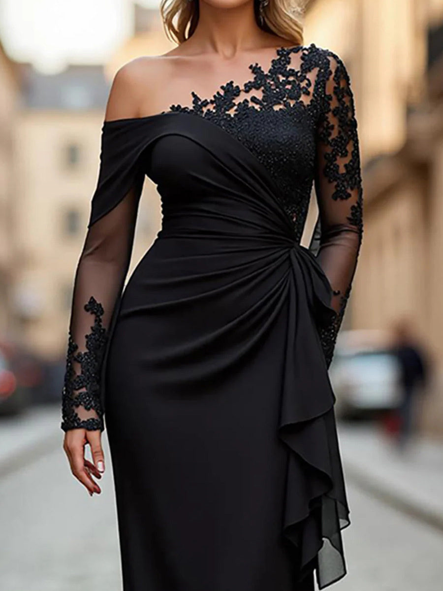 Sheath One-Shoulder Long Sleeves Appliques Lace Floor-Length Satin Chiffon Corset Mother of the Bride Dress