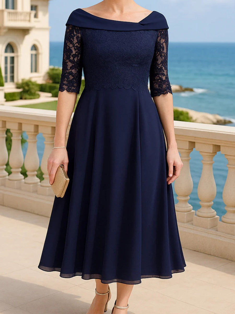 A-line Bateau 1/2 Sleeves Ruffles Tea-Length Chiffon Corset Mother of the Bride Dress