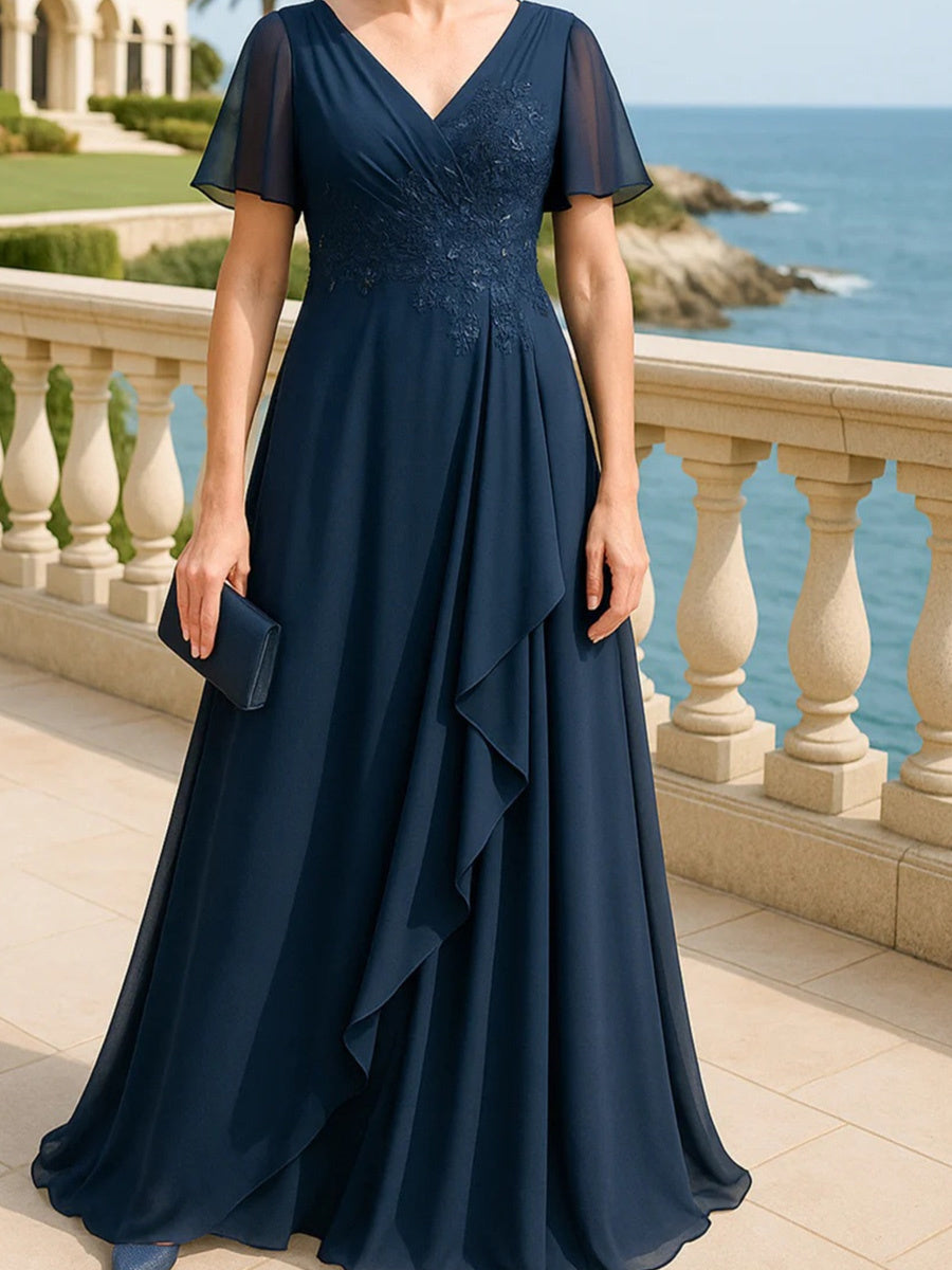 A-line V-neck Short Sleeves Appliques Lace Floor-Length Chiffon Corset Mother of the Bride Dress