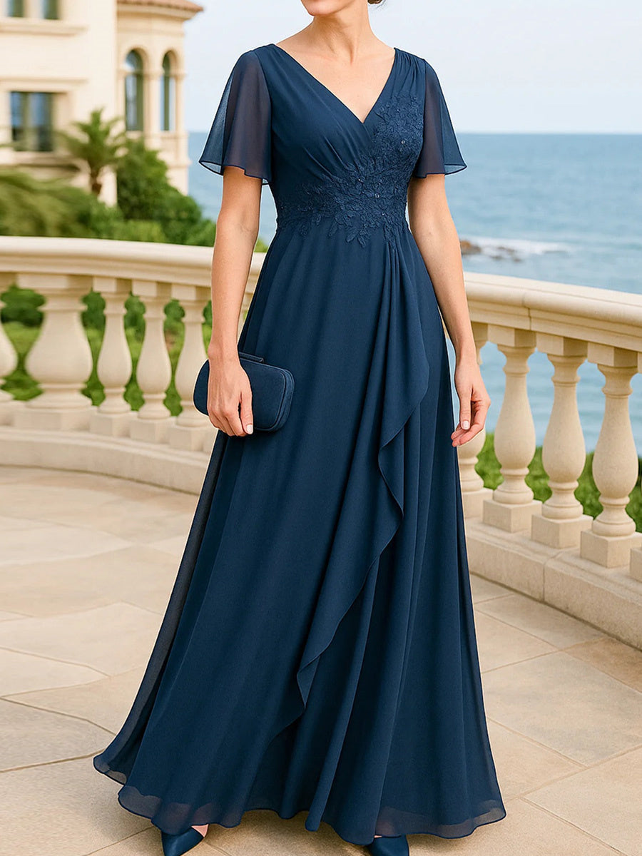 A-line V-neck Short Sleeves Appliques Lace Floor-Length Chiffon Corset Mother of the Bride Dress