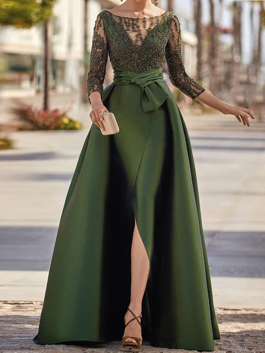 A-line Bateau 3/4 Sleeves Appliques Lace Floor-Length Satin Corset Mother of the Bride Dress